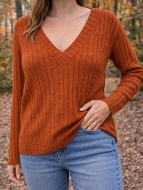 Ribbed V-Neck Sweater in Rust